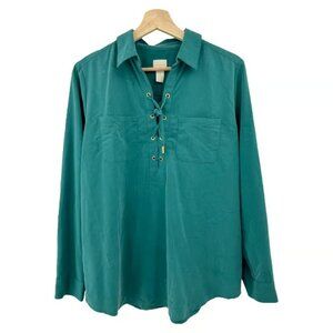 Chico's MEDIUM Green Brushed Matte lace Up Long Sleeve Blouse Top Shirt